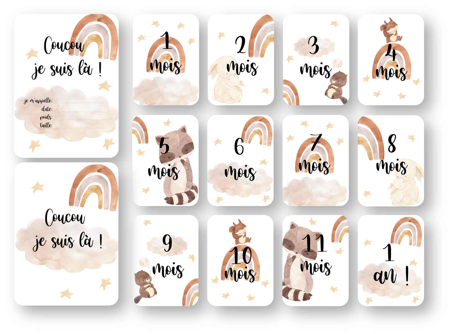 Cartes étapes en carton - Animaux arc-en-ciel