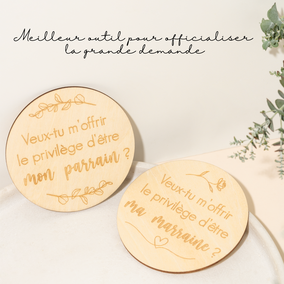 Wooden Baby Announcement Discs – Godfather & Godmother Duo, 4 inches