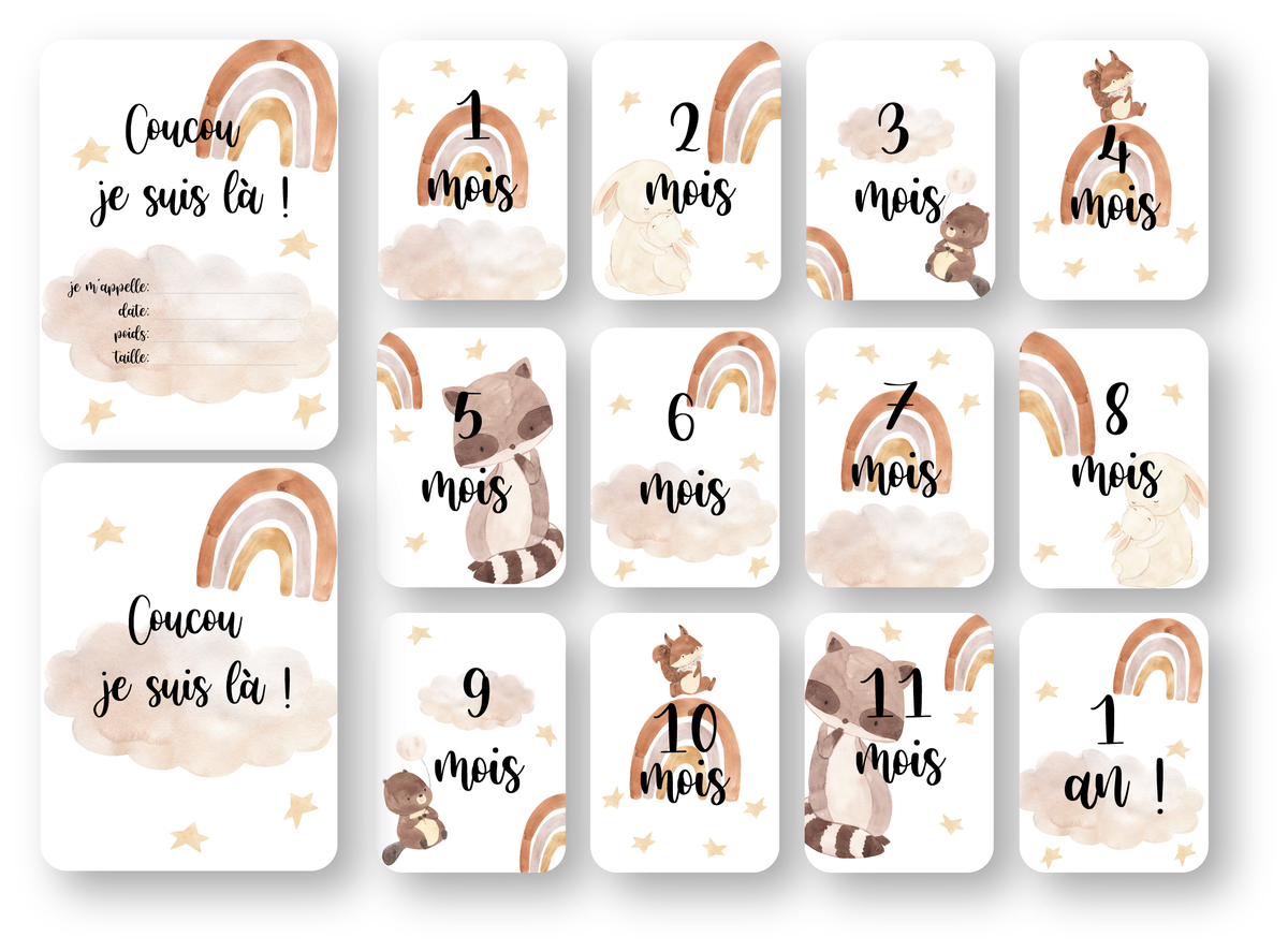 Cartes étapes en carton - Animaux arc-en-ciel