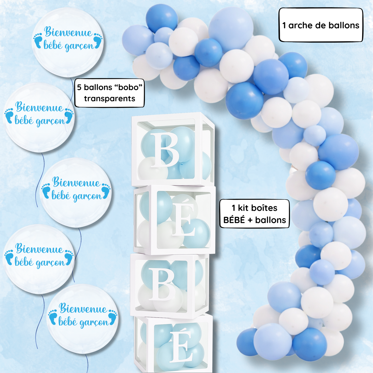 💙 Kit Baby Shower Bébé Garçon – Décoration Bleu & blanc