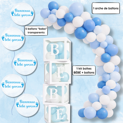 💙 Kit Baby Shower Bébé Garçon – Décoration Bleu & blanc
