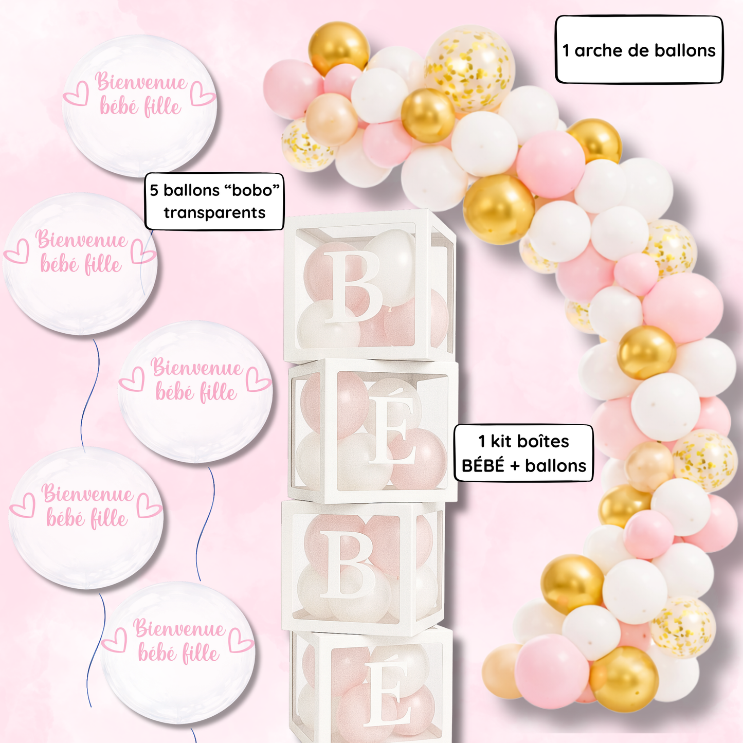 🎀 Kit Baby Shower Bébé Fille – Décoration Rose & Or