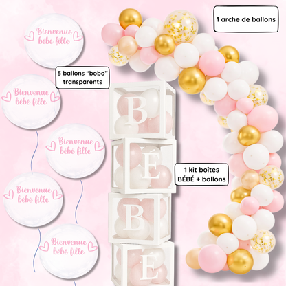 🎀 Kit Baby Shower Bébé Fille – Décoration Rose & Or