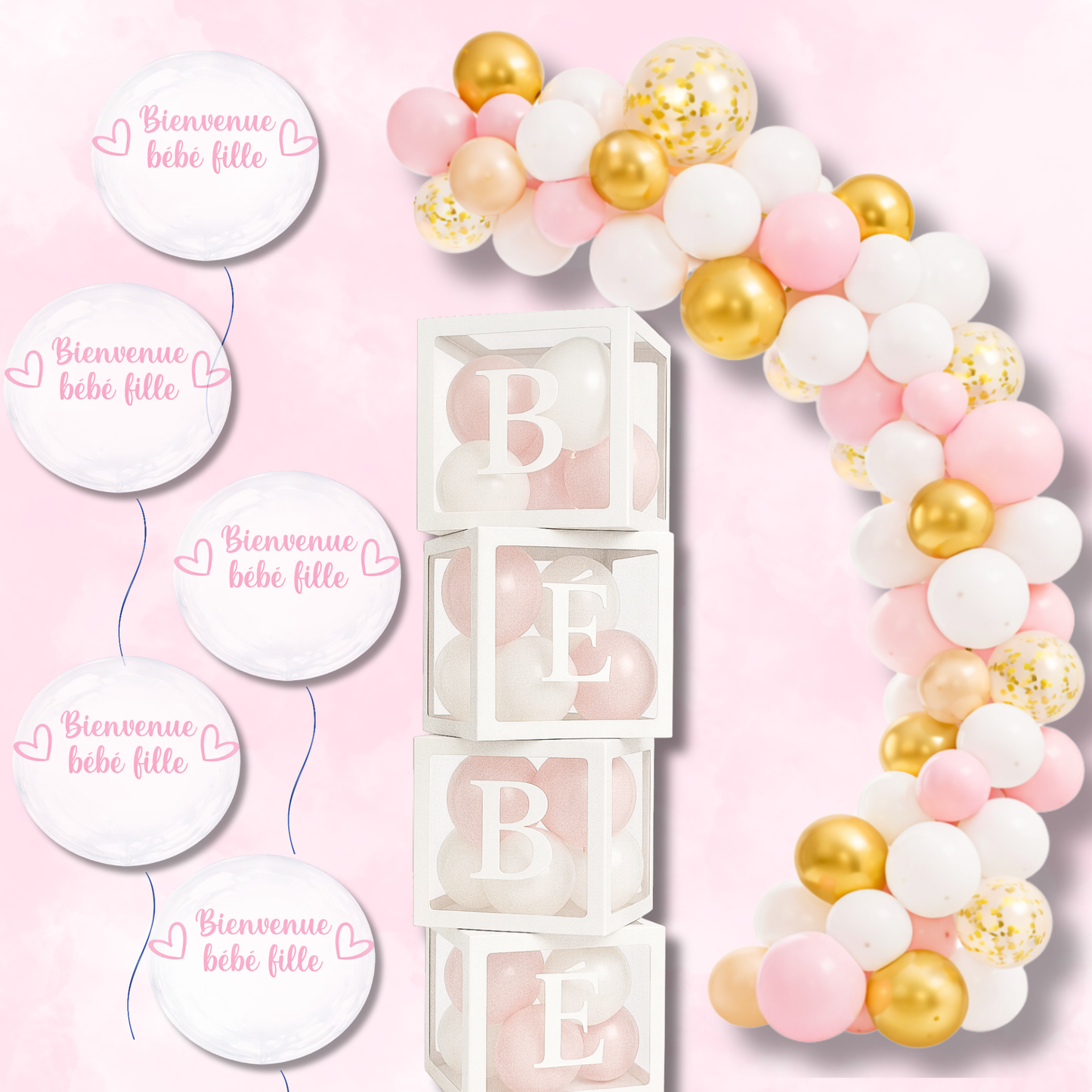 🎀 Kit Baby Shower Bébé Fille – Décoration Rose & Or