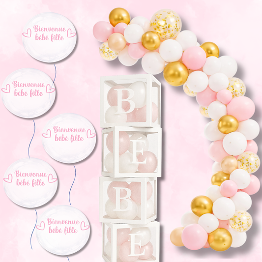 🎀 Kit Baby Shower Bébé Fille – Décoration Rose & Or